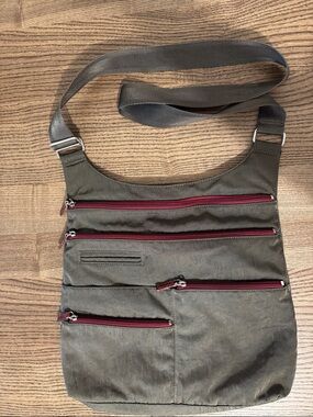 Highway Crossbody Sling Bag Olive with Burgundy zippers